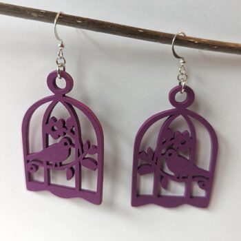 Large Purple Bird in Cage Laser Cut Wood Earrings - Image 3