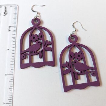 Large Purple Bird in Cage Laser Cut Wood Earrings - Image 2