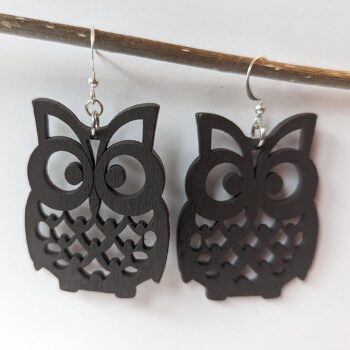 Large Black Owl Laser Cut Wood Earrings - Image 2