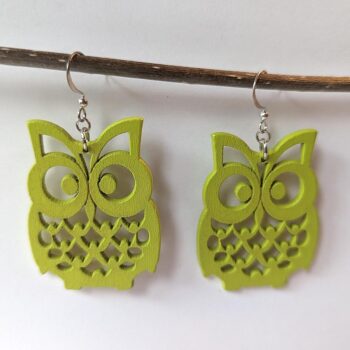 Large Lime Green Owl Laser Cut Wood Earrings