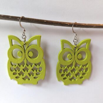 Large Lime Green Owl Laser Cut Wood Earrings - Image 3