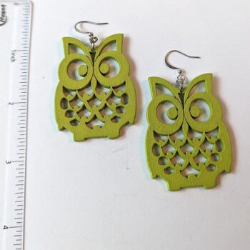 Large Lime Green Owl Laser Cut Wood Earrings - Image 2