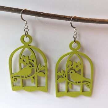 Large Lime Green Bird in Cage Laser Cut Wood Earrings