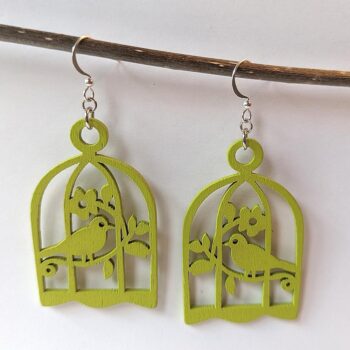 Large Lime Green Bird in Cage Laser Cut Wood Earrings - Image 3