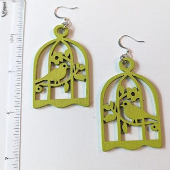 Large Lime Green Bird in Cage Laser Cut Wood Earrings - Image 2