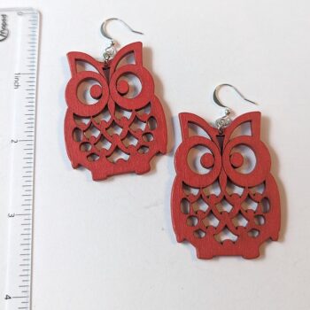 Large Red Owl Laser Cut Wood Earrings - Image 2