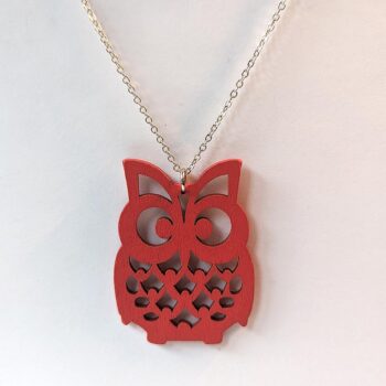 Large Red Owl Laser Cut Wood Pendant Necklace