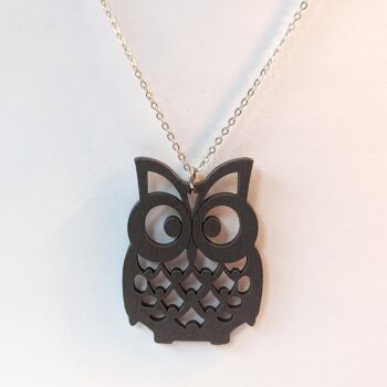 Large Black Owl Laser Cut Wood Pendant Necklace