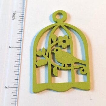 Large Lime Green Bird in Cage Laser Cut Wood Pendant - Image 2