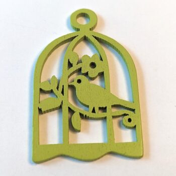 Large Lime Green Bird in Cage Laser Cut Wood Pendant