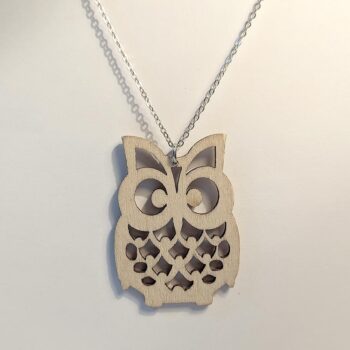 Large Natural Owl Laser Cut Wood Pendant Necklace