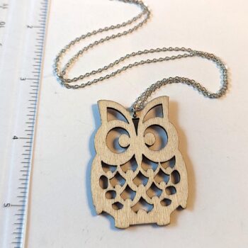 Large Natural Owl Laser Cut Wood Pendant Necklace - Image 2