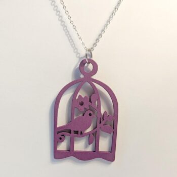 Large Purple Bird in Cage Laser Cut Wood Pendant Necklace