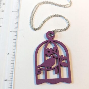 Large Purple Bird in Cage Laser Cut Wood Pendant Necklace - Image 3