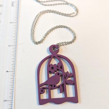 Large Purple Bird in Cage Laser Cut Wood Pendant Necklace - Image 2