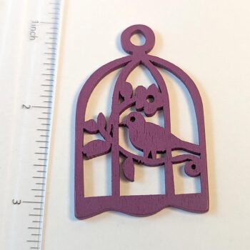 Large Purple Bird in Cage Laser Cut Wood Pendant - Image 2