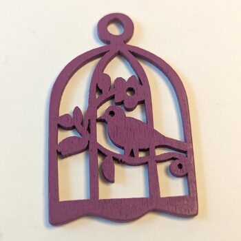 Large Purple Bird in Cage Laser Cut Wood Pendant