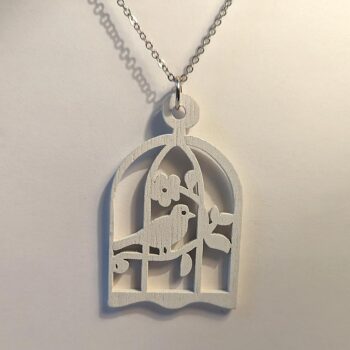 Large White Bird in Cage Laser Cut Wood Pendant Necklace - Image 2