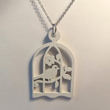 Large White Bird in Cage Laser Cut Wood Pendant Necklace