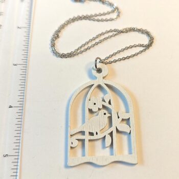 Large White Bird in Cage Laser Cut Wood Pendant Necklace - Image 3