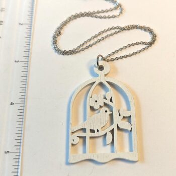 Large White Bird in Cage Laser Cut Wood Pendant Necklace - Image 4