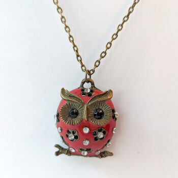 Antique Bronze Red Owl Rhinestones Necklace