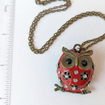 Antique Bronze Red Owl Rhinestones Necklace - Image 2