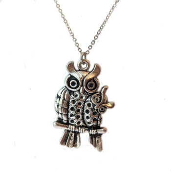 Antique Silver Owl Mom and Baby Vintage Style Necklace