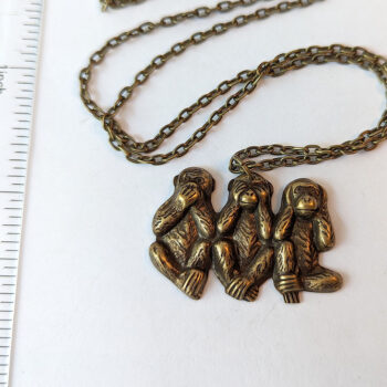 Antique Bronze See Hear Speak No Evil Monkey's Vintage Style Necklace - Image 3