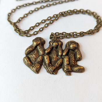 Antique Bronze See Hear Speak No Evil Monkey's Vintage Style Necklace - Image 2