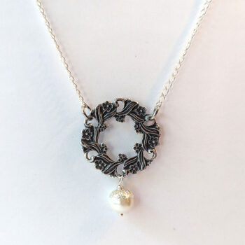 Antique Silver Pendant with White Glass Pearl Vintage Style Necklace