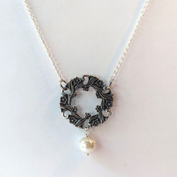 Antique Silver Pendant with White Glass Pearl Vintage Style Necklace - Image 4