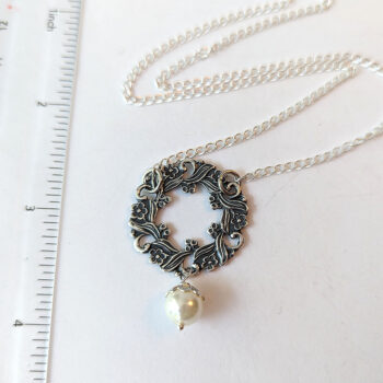 Antique Silver Pendant with White Glass Pearl Vintage Style Necklace - Image 2