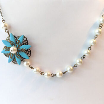 Antique Bronze Turquoise Blue Flower White Glass Beads Floral Necklace