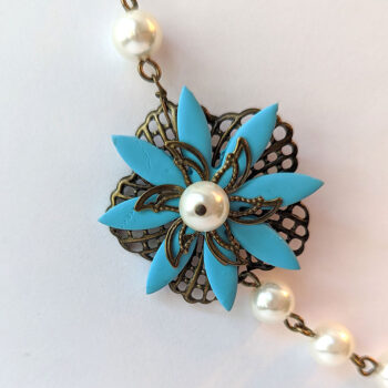 Antique Bronze Turquoise Blue Flower White Glass Beads Floral Necklace - Image 3