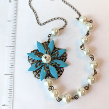 Antique Bronze Turquoise Blue Flower White Glass Beads Floral Necklace - Image 2