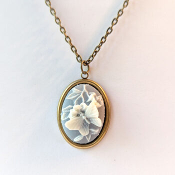 Antique Bronze Cameo Butterfly White Blue Vintage Style Necklace