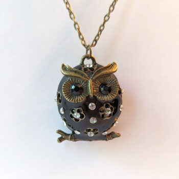 Antique Bronze Black Owl Rhinestones Necklace