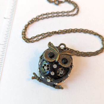 Antique Bronze Black Owl Rhinestones Necklace - Image 2