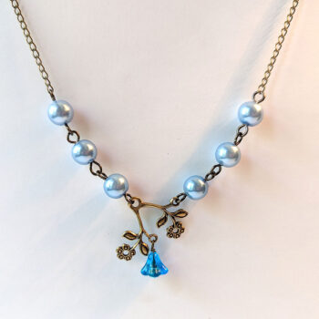 Antique Bronze Flowers Light Blue Beads Necklace