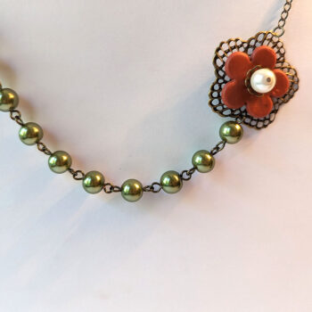 Antique Bronze Red Flower Green Glass Beads Floral Necklace