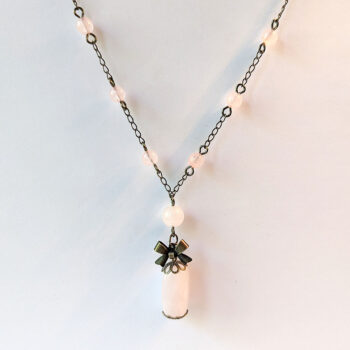 Antique Bronze Rose Quartz Crystal and Bow Vintage Style Necklace with Rose Quartz Pendant