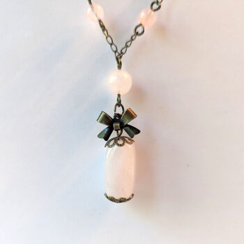 Antique Bronze Rose Quartz Crystal and Bow Vintage Style Necklace with Rose Quartz Pendant - Image 3