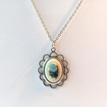 Antique Silver Cameo Blue Roses Vintage Style Necklace