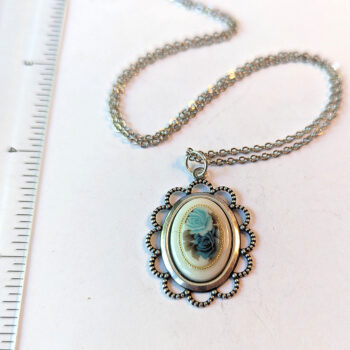 Antique Silver Cameo Blue Roses Vintage Style Necklace - Image 2