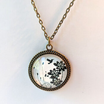 Antique Bronze Cameo with Hummingbird and Flowers Vintage Style Necklace