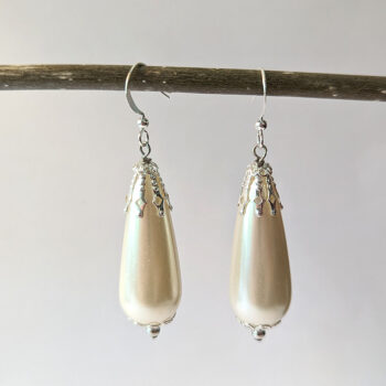 Silver Large White Pearl Teardrop Earrings