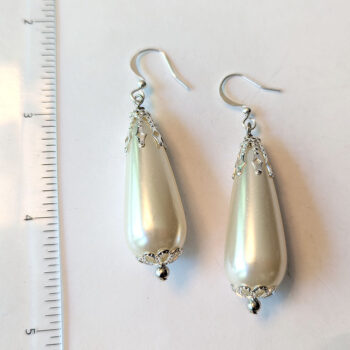 Silver Large White Pearl Teardrop Earrings - Image 2