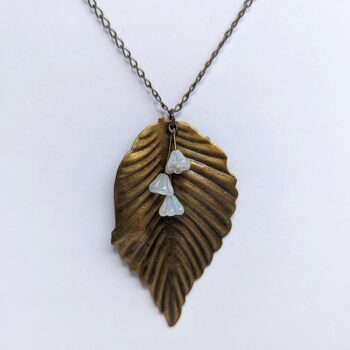 Antique Bronze Leaf White Glass Flowers Necklace