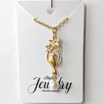 Gold Bird With Flowers Pearl Necklace - Image 4